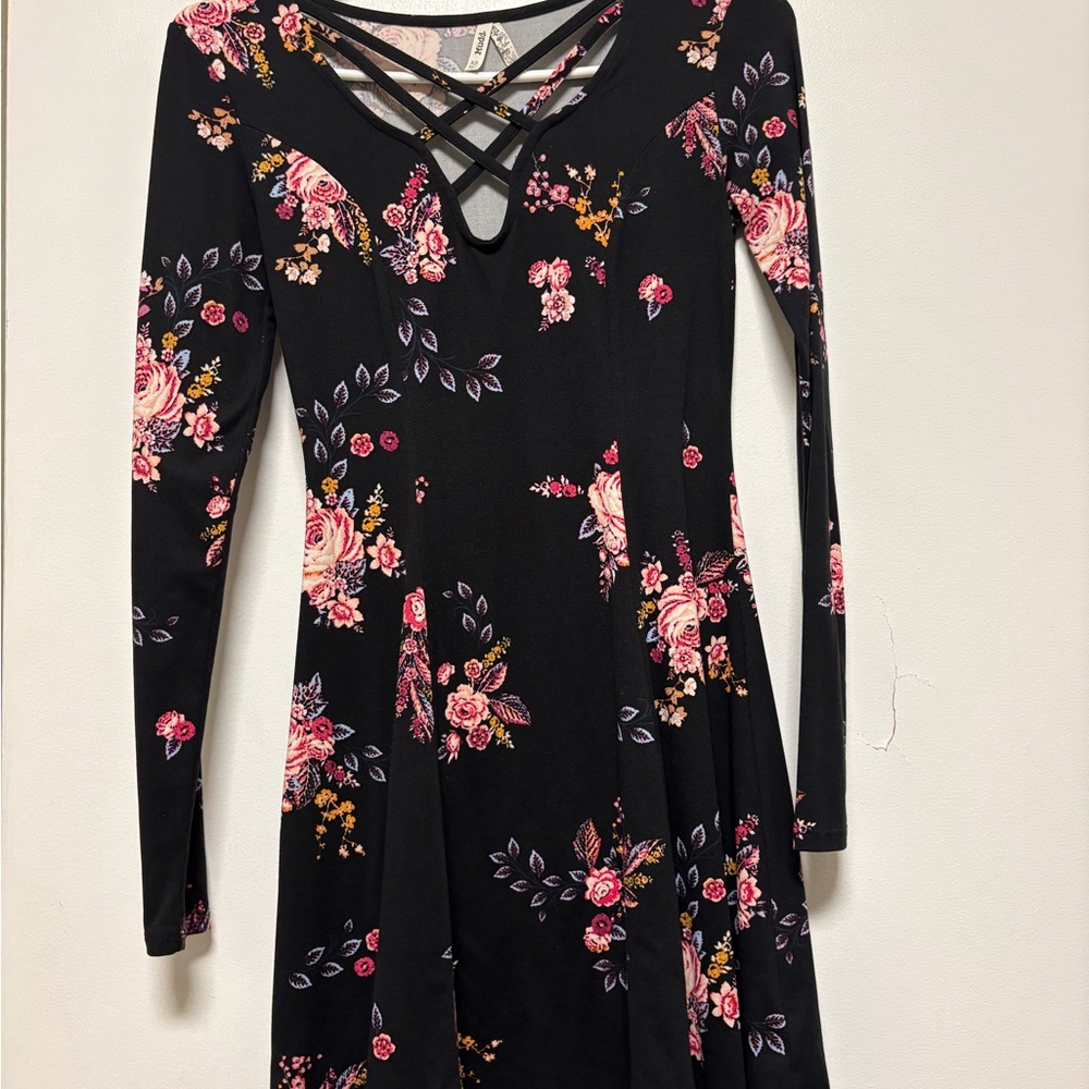 Mudd Black Floral Crisscross Long-Sleeve Dress